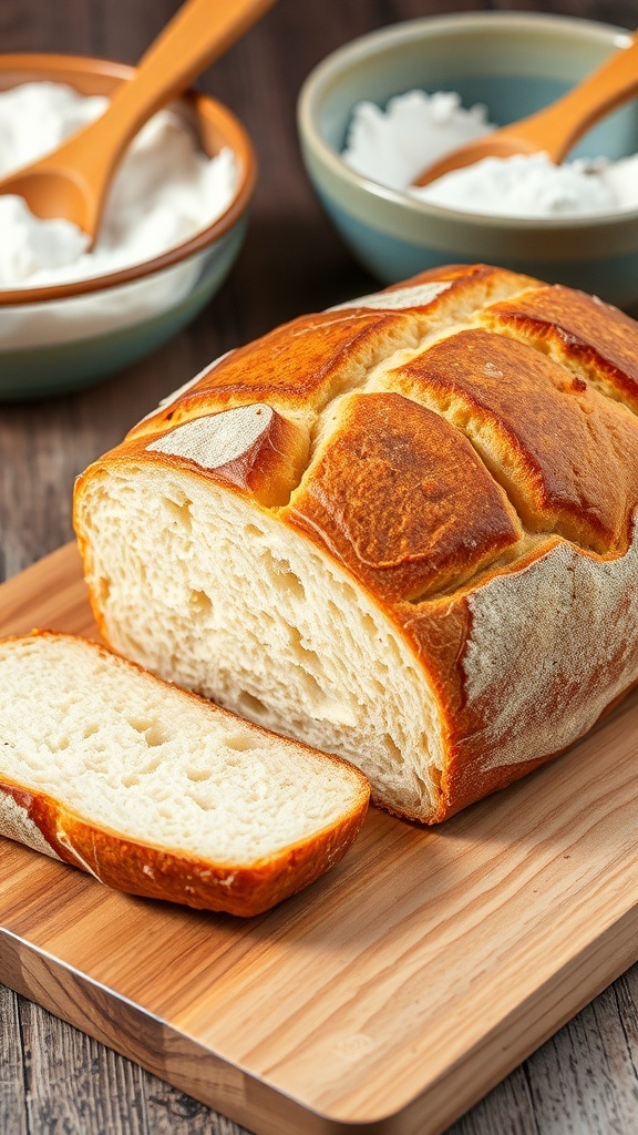 A golden-brown loaf of no-knead bread sliced on a cutting board, showcasing its airy texture.